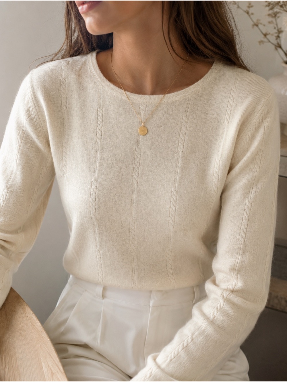 Pure Cashmere Ivory Cable Knit Sweater M Quiet Luxury